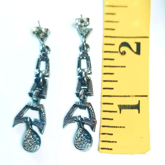 Vintage Art Deco Style Black & Silver-Tone Dangle Earrings - Picture 3 of 4